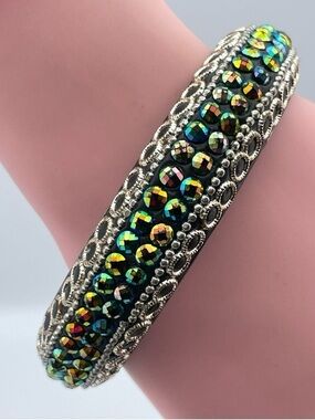 Aurora Borealis Crystal & Silver-Tone Filigree Bangle Bracelet